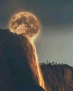The moon appears to flow like a waterfall over a cliff at dusk.
