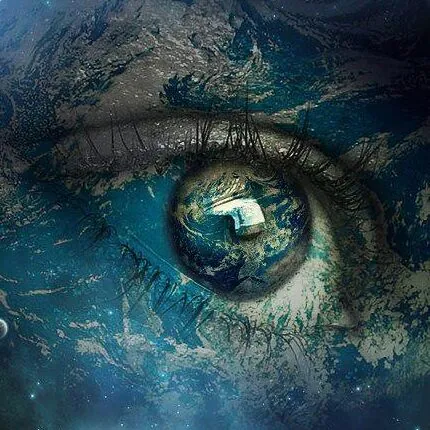 A surreal eye reflecting a cosmic and earthly fusion.