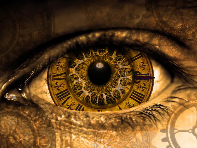 An eye with a clock face as the iris, blending time and vision. An eye with a clock face as the iris, blending time and vision.