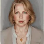 Portrait of a blonde woman with blue eyes and a neutral expression.