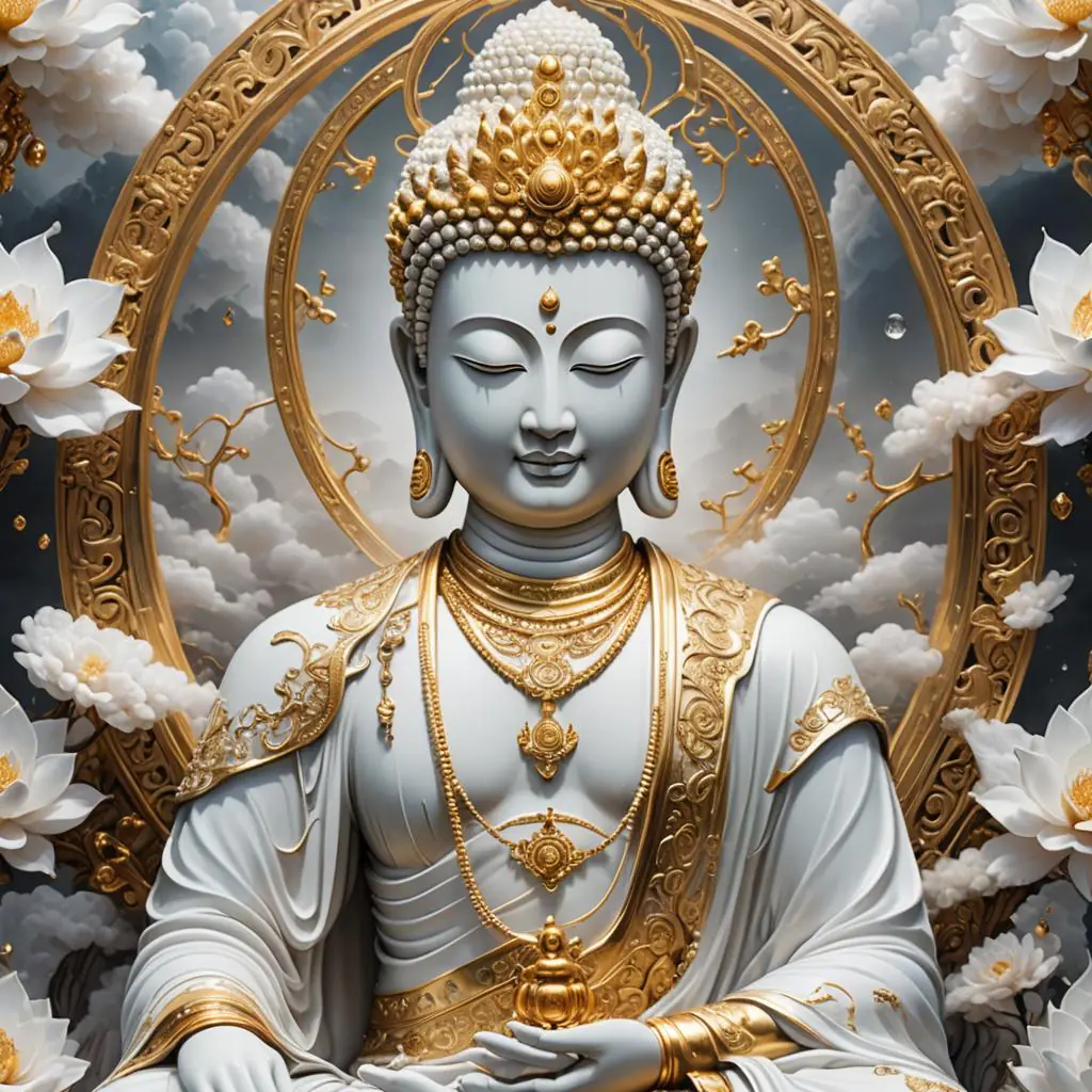 Intricately detailed statue of a serene Buddha adorned with gold.
