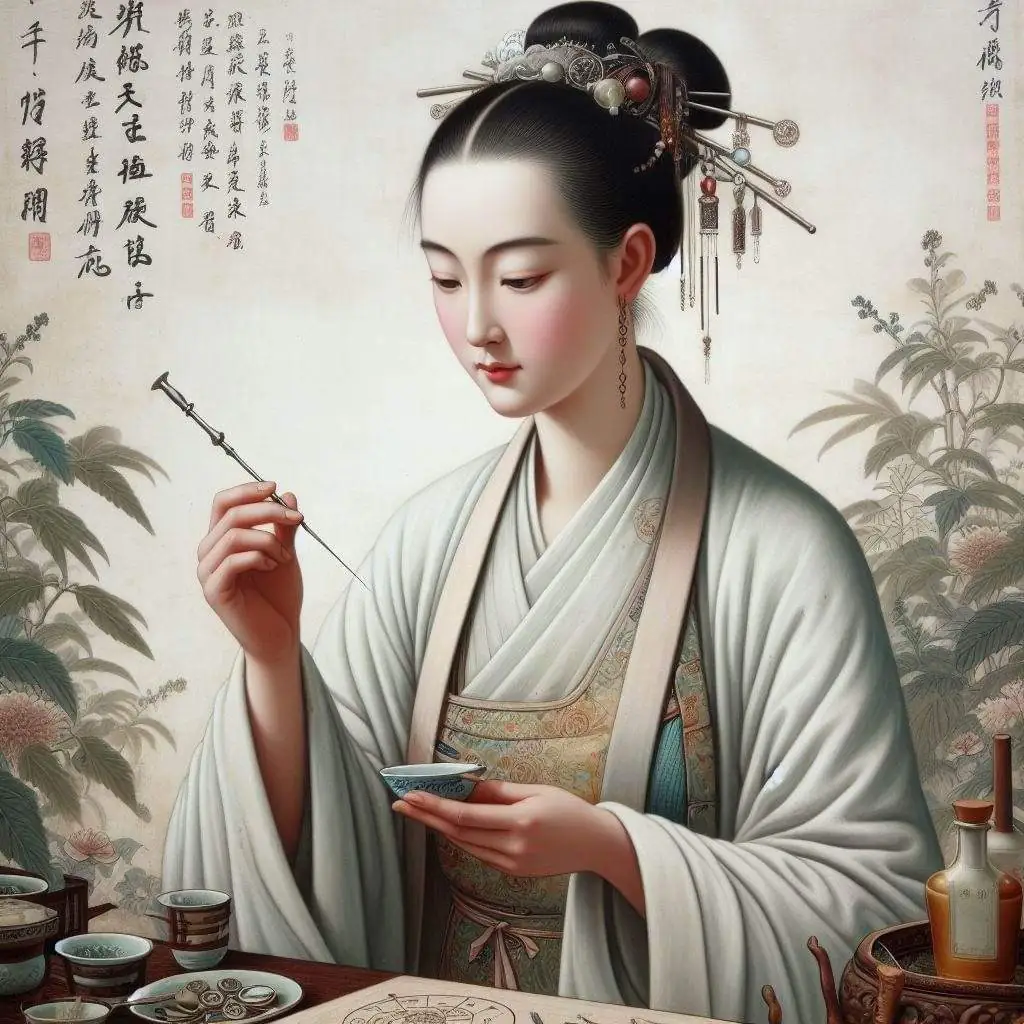 A traditional Chinese woman painting with a brush and ink.