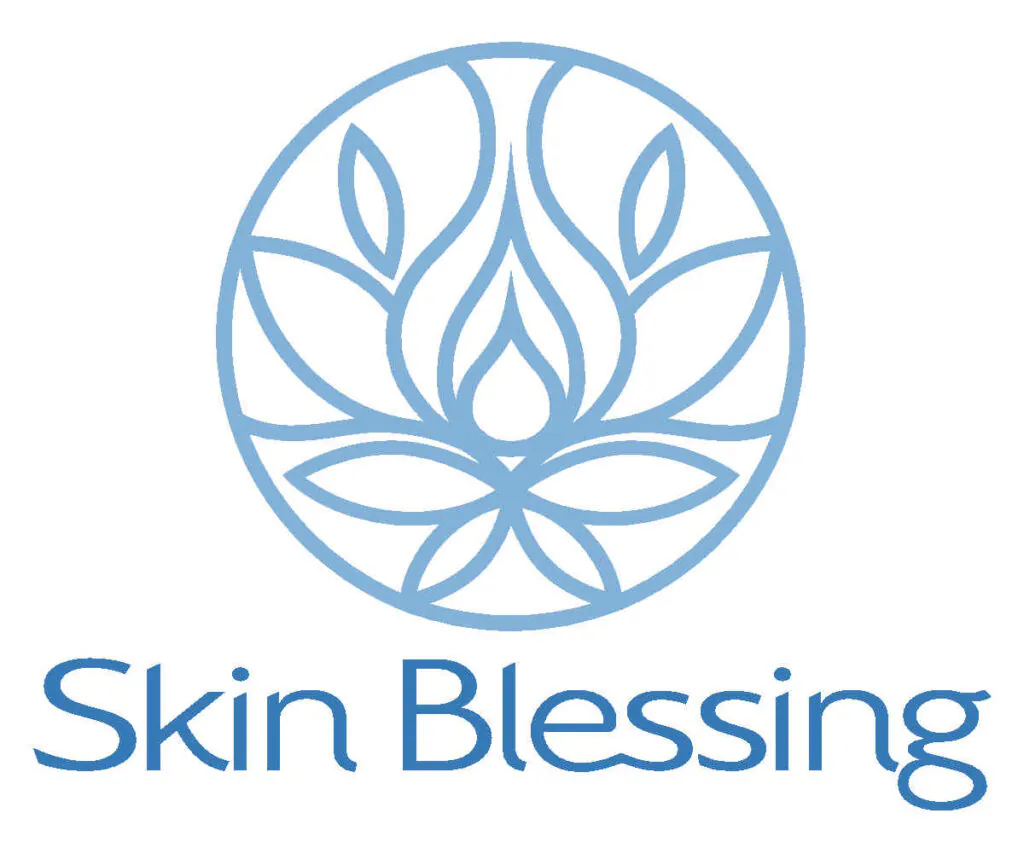 A blue lotus-inspired logo with 'Skin Blessings' text.