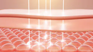 Pink and white layered abstract design with scalloped patterns and glowing highlights.