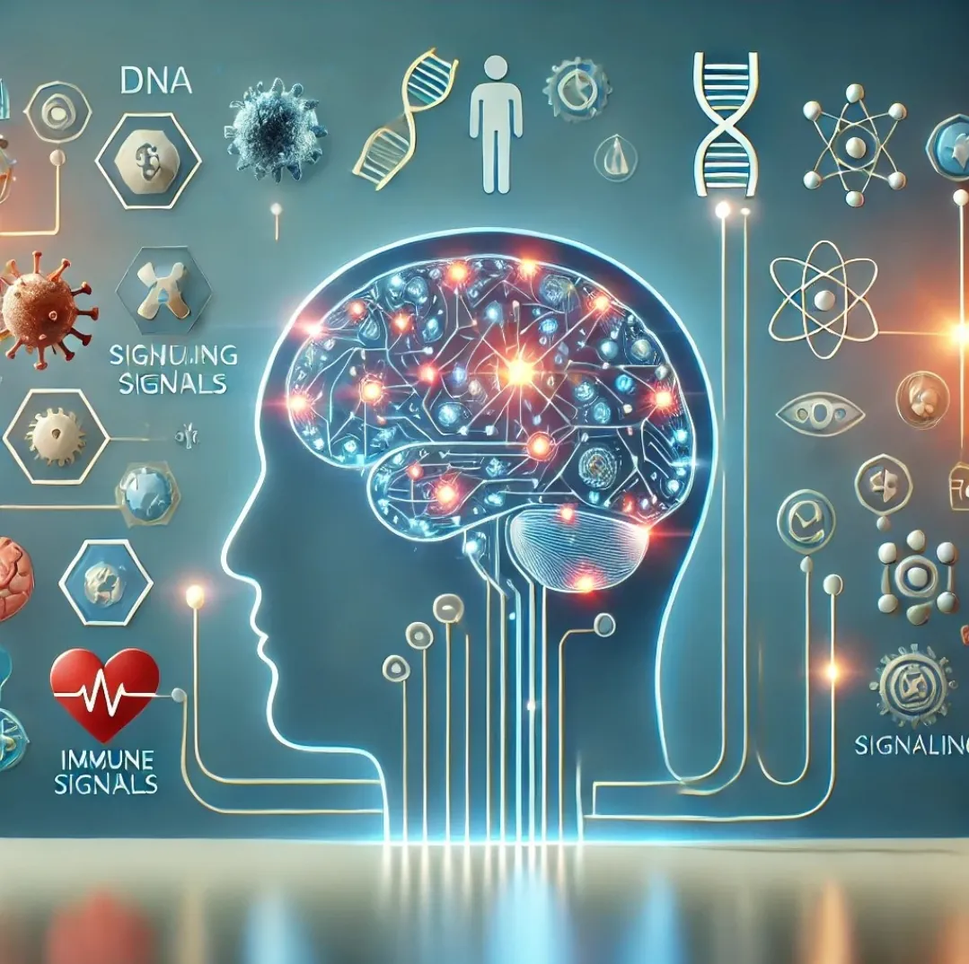 Digital illustration of a brain connected to AI and scientific symbols.