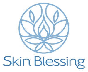 Blue logo with a lotus and leaf design labeled 'Skin Blessing'.