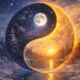 A yin-yang symbol blending day and night with sun and moon.